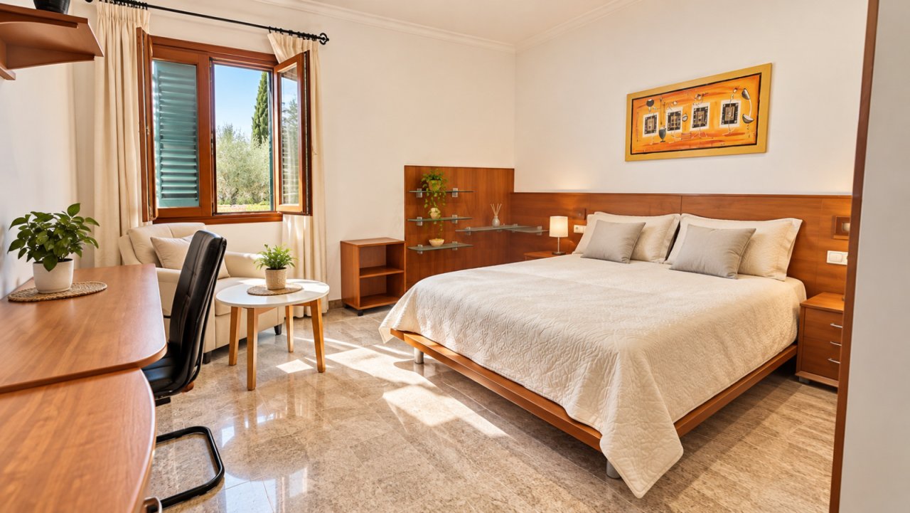 Bedroom with integrated workspace and high-quality wood furnishings