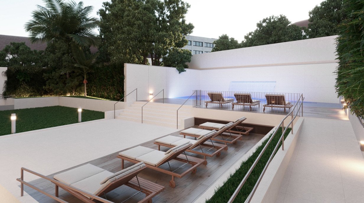 Wellness oasis with multi-level sun terraces and integrated pool area