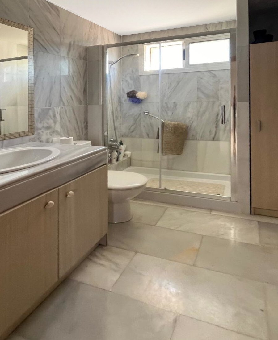 Luxurious bathroom with walk-in shower, marble wall cladding, and ample natural light from skylights Luxurious bathroom with walk-in shower, marble wall cladding, and ample natural light from skylights