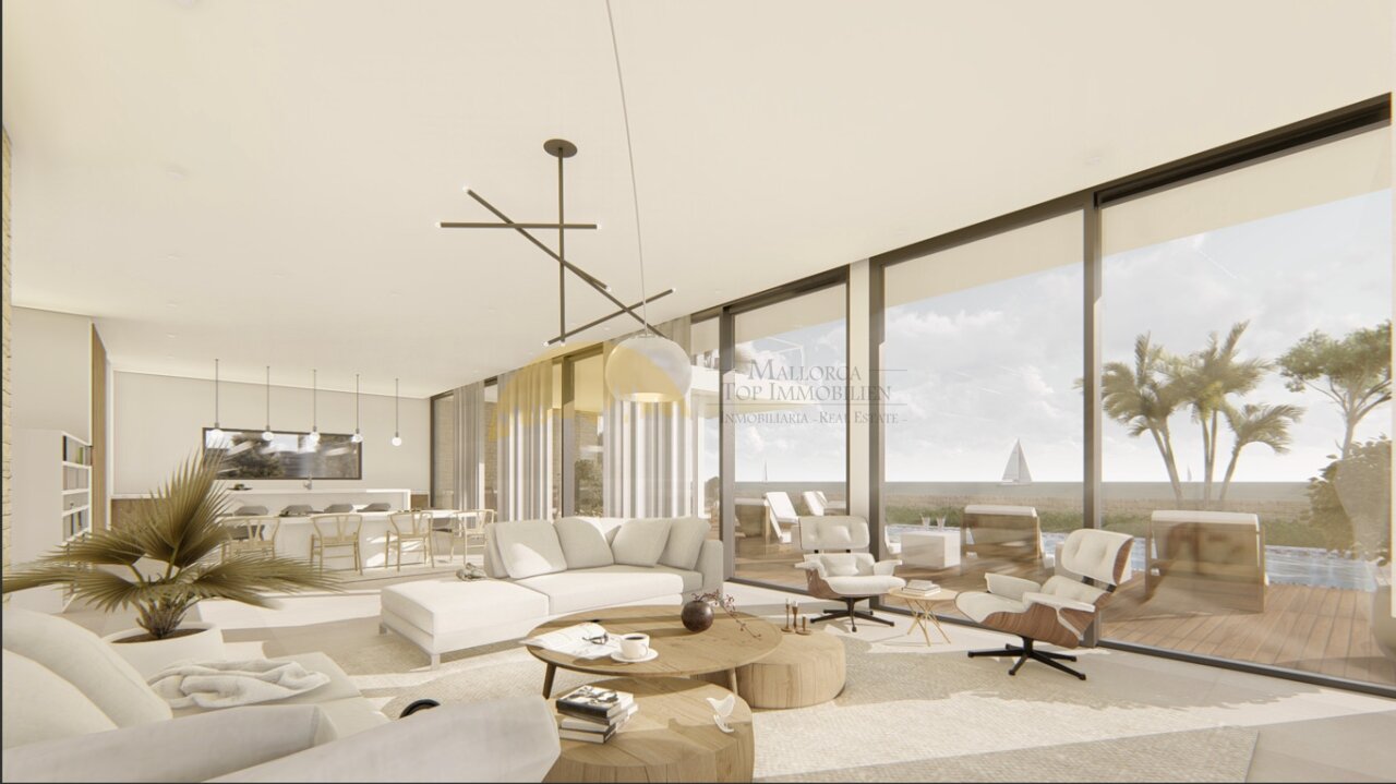 Bright living room with floor-to-ceiling panoramic windows and open connection to the kitchen
