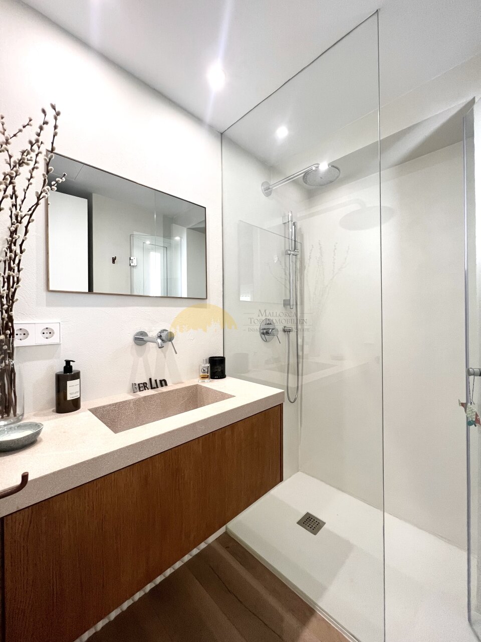 Modern bathroom with walk-in shower, double sink, and spacious mirror front Modern bathroom with walk-in shower, double sink, and spacious mirror front