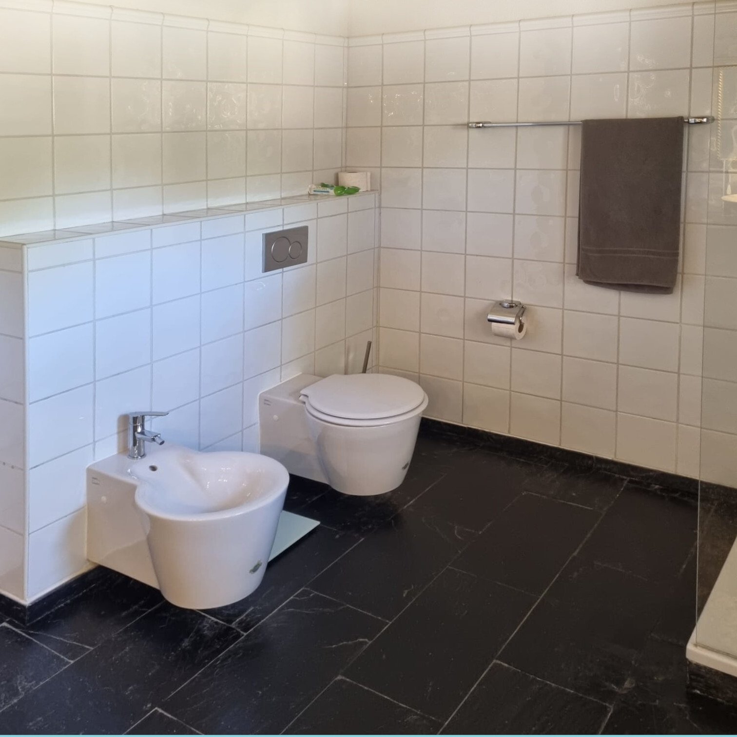 Modern guest toilet with separate bidet, high-quality wall design, and practical niche Modern guest toilet with separate bidet, high-quality wall design, and practical niche