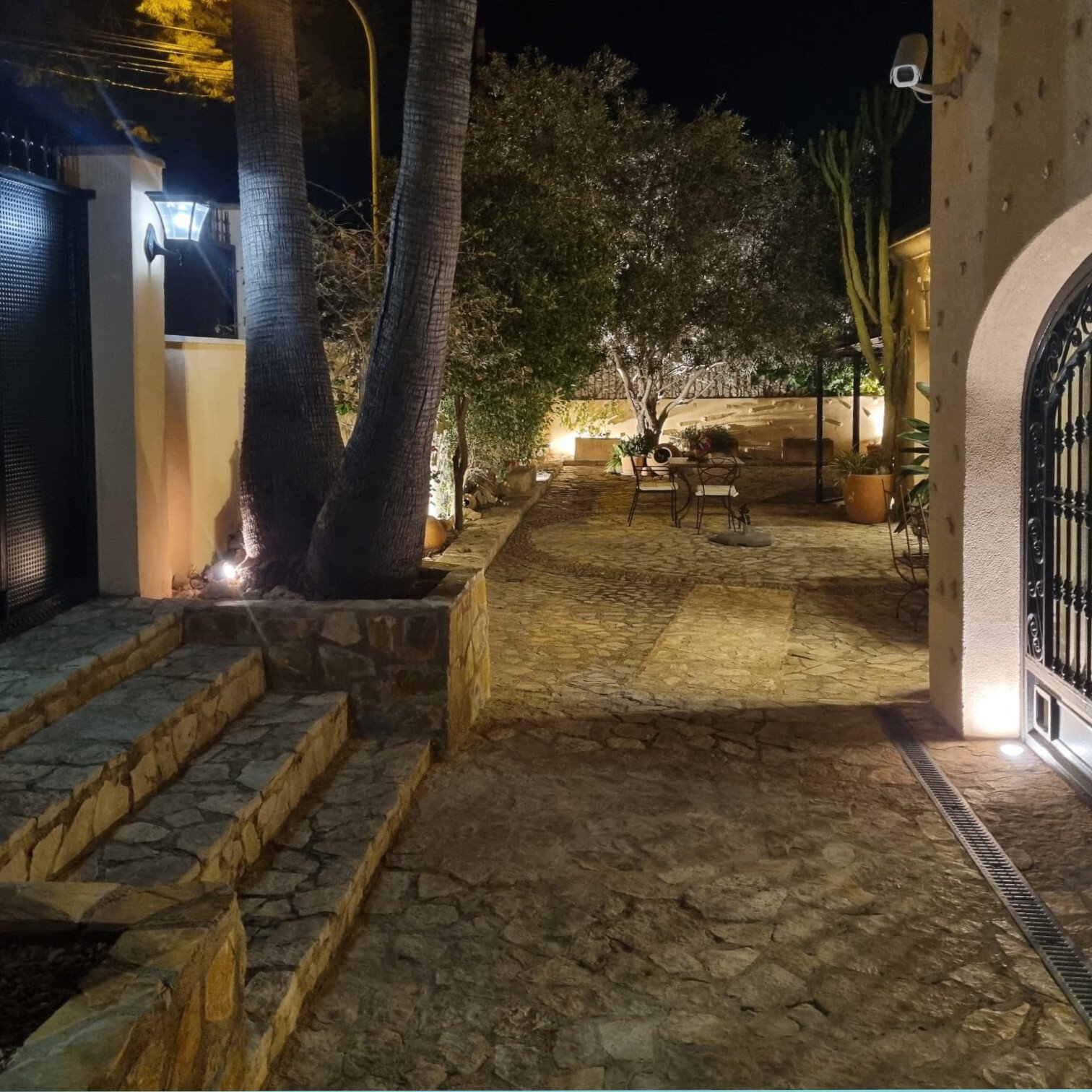 Illuminated courtyard with Mediterranean terrace design and natural privacy through tree coverage Illuminated courtyard with Mediterranean terrace design and natural privacy through tree coverage