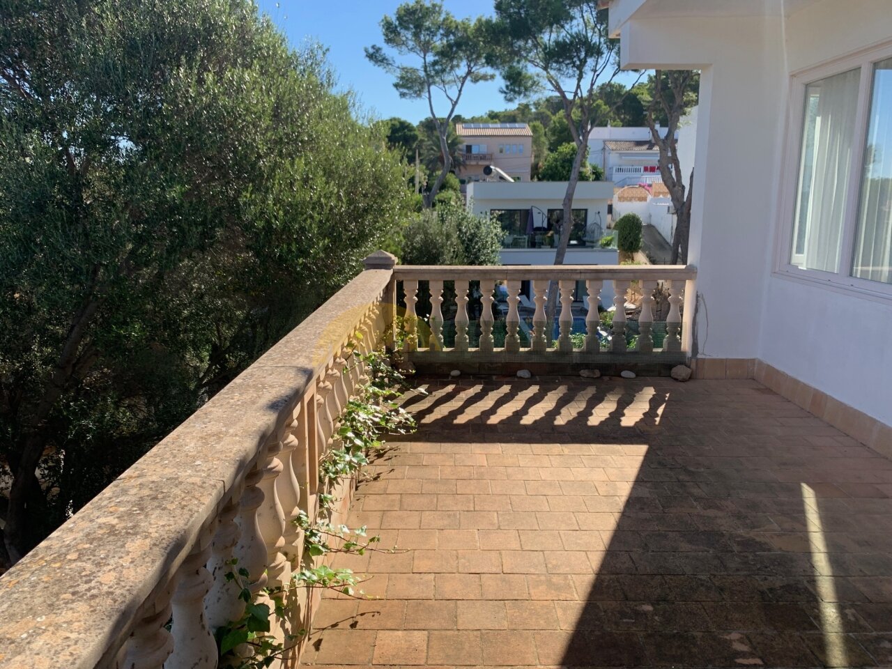 Sunlit terrace with a classic stone balustrade and forest panorama Sunlit terrace with a classic stone balustrade and forest panorama