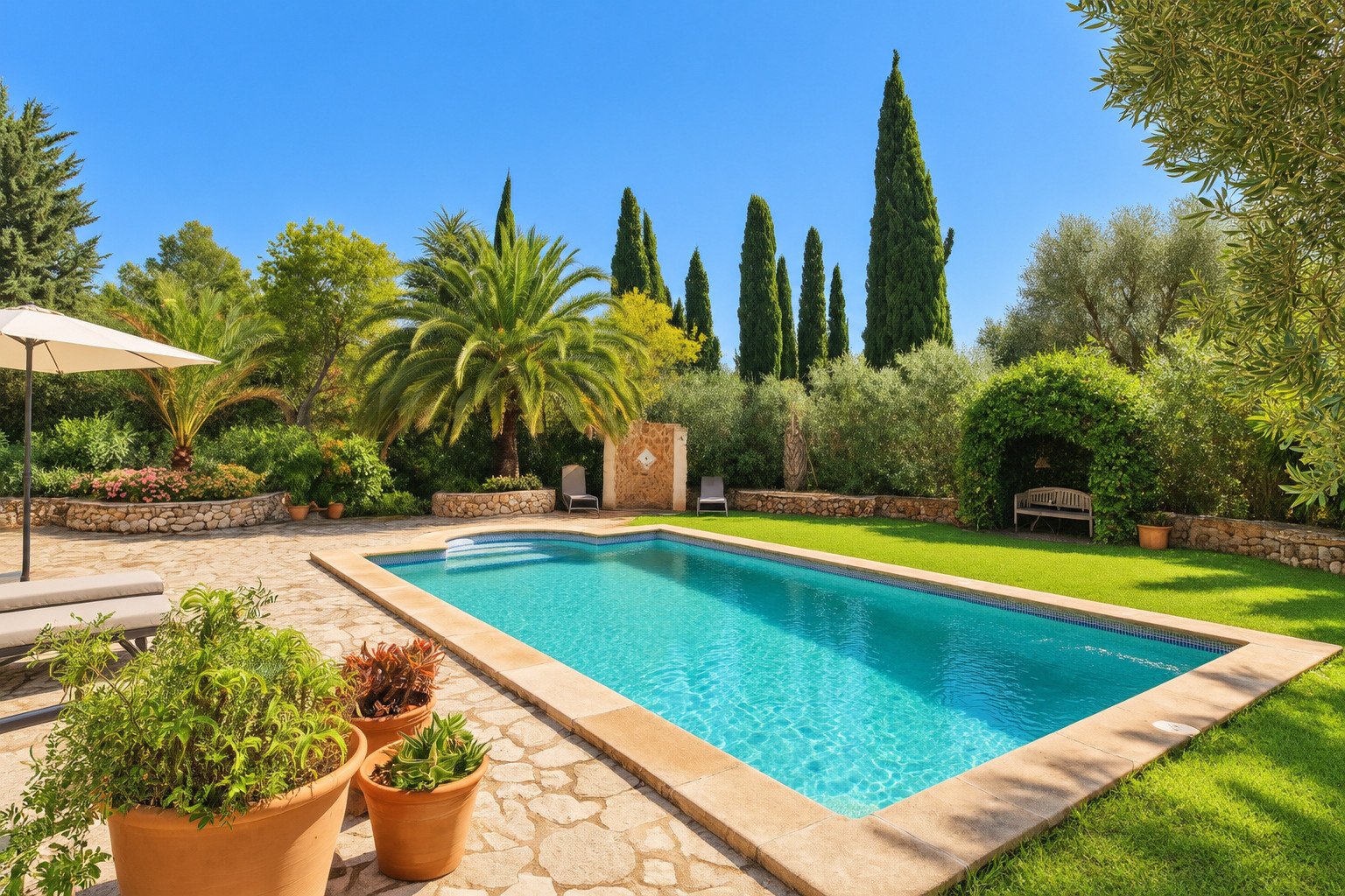 Finca de piedra natural, piscina y un jardín cuidado