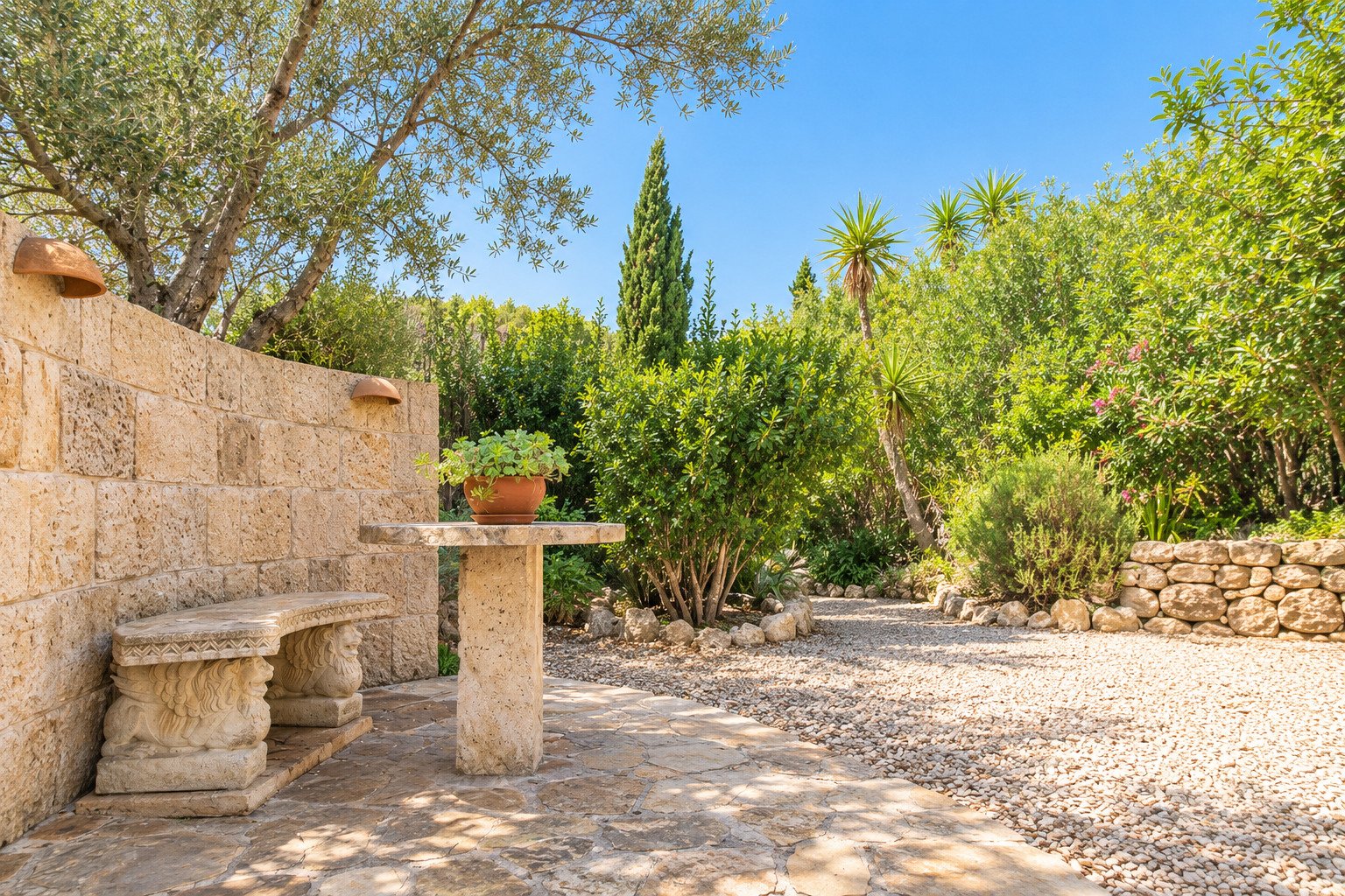 Finca de piedra natural, piscina y un jardín cuidado