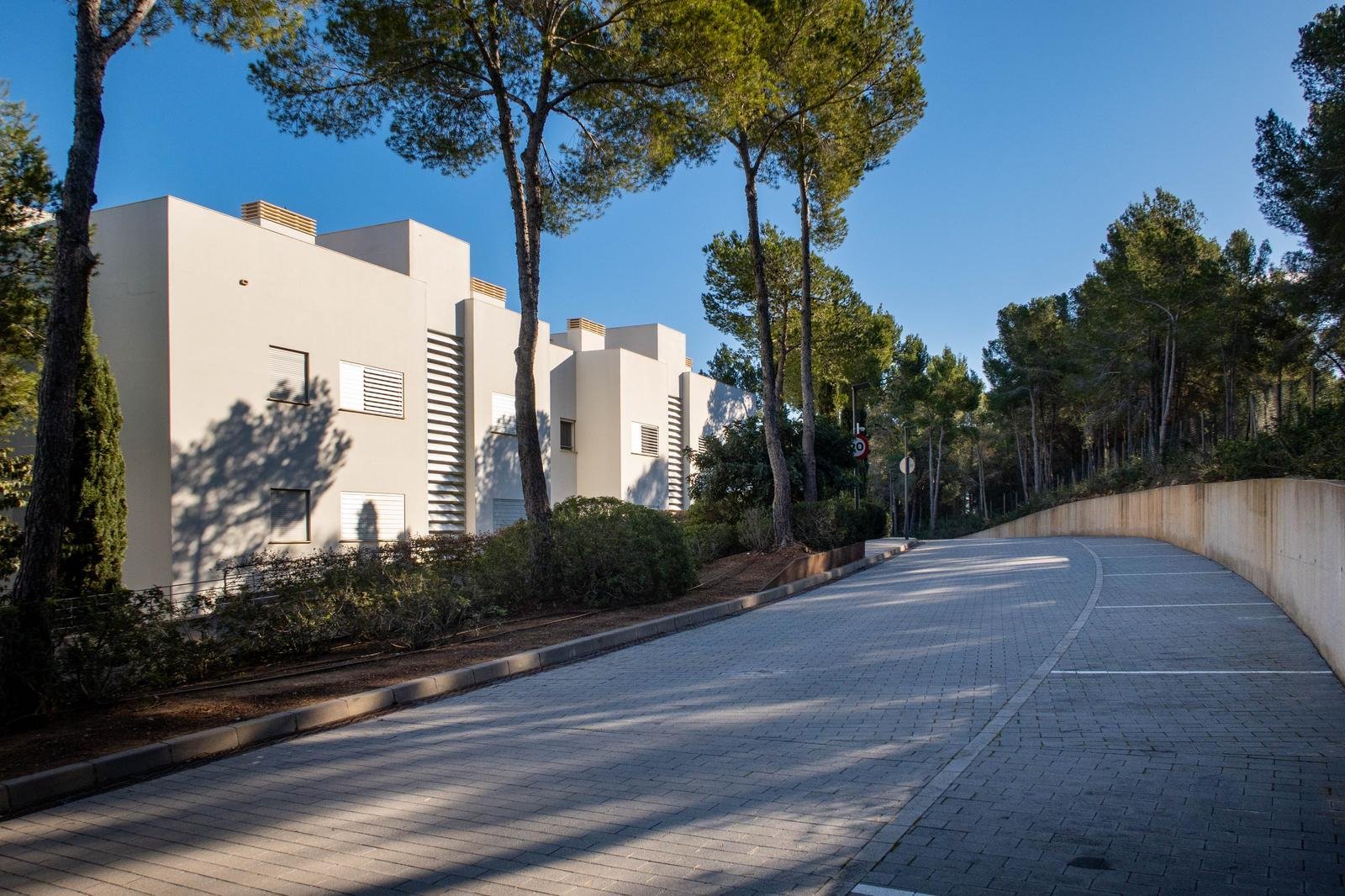 Acceso moderno con aparcamiento pavimentado y concepto de áreas verdes integradas Acceso moderno con aparcamiento pavimentado y concepto de áreas verdes integradas