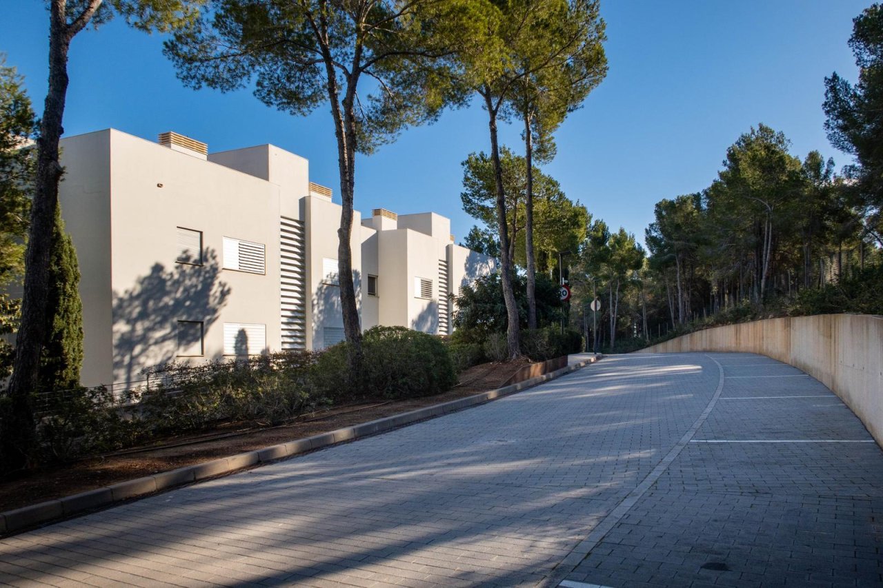 Acceso moderno con aparcamiento pavimentado y concepto de áreas verdes integradas Acceso moderno con aparcamiento pavimentado y concepto de áreas verdes integradas
