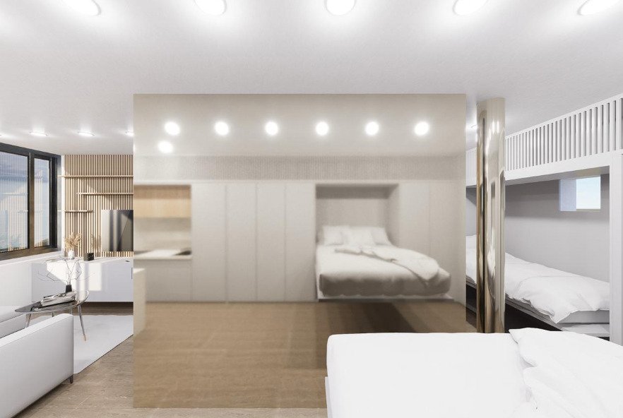 Distribución inteligente del espacio con áreas de descanso flexibles y arquitectura de iluminación profesional