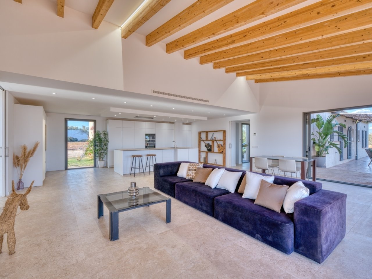 Concepto de vivienda abierto con techo de vigas de madera con carácter y transiciones fluidas hacia la cocina y las áreas exteriores