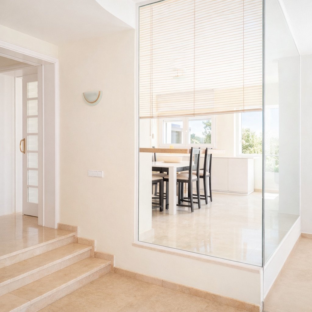 Área de estar abierta con puertas correderas de vidrio de piso a techo y conexión óptima del espacio Área de estar abierta con puertas correderas de vidrio de piso a techo y conexión óptima del espacio