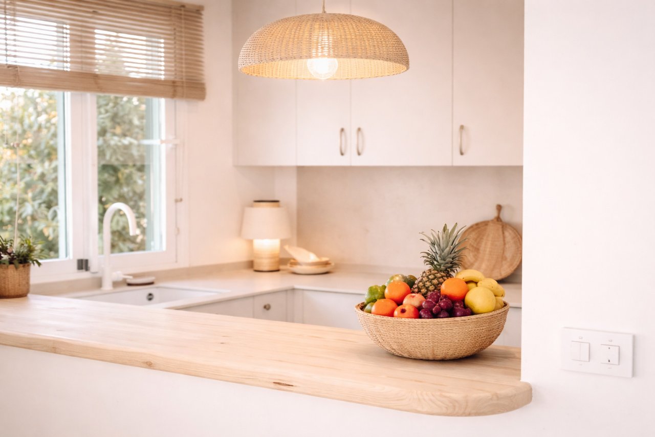Cocina moderna con amplia encimera y solución inteligente de almacenamiento Cocina moderna con amplia encimera y solución inteligente de almacenamiento