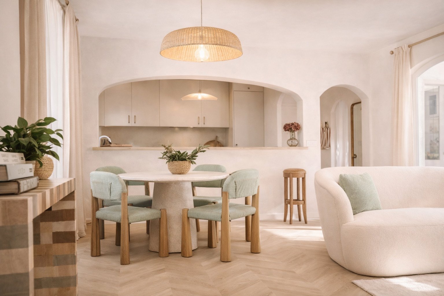 Cocina de estar elegante con un diseño de espacio bien pensado y una encimera integrada Cocina de estar elegante con un diseño de espacio bien pensado y una encimera integrada