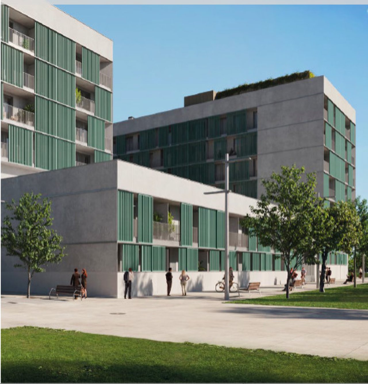 Moderno barrio residencial con un sistema de fachada bien pensado y cubiertas ajardinadas Moderno barrio residencial con un sistema de fachada bien pensado y cubiertas ajardinadas
