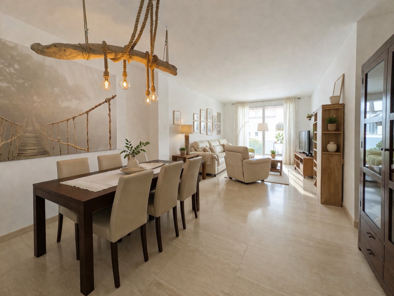 Espacio abierto de sala y comedor con distribución armoniosa y acceso a la terraza