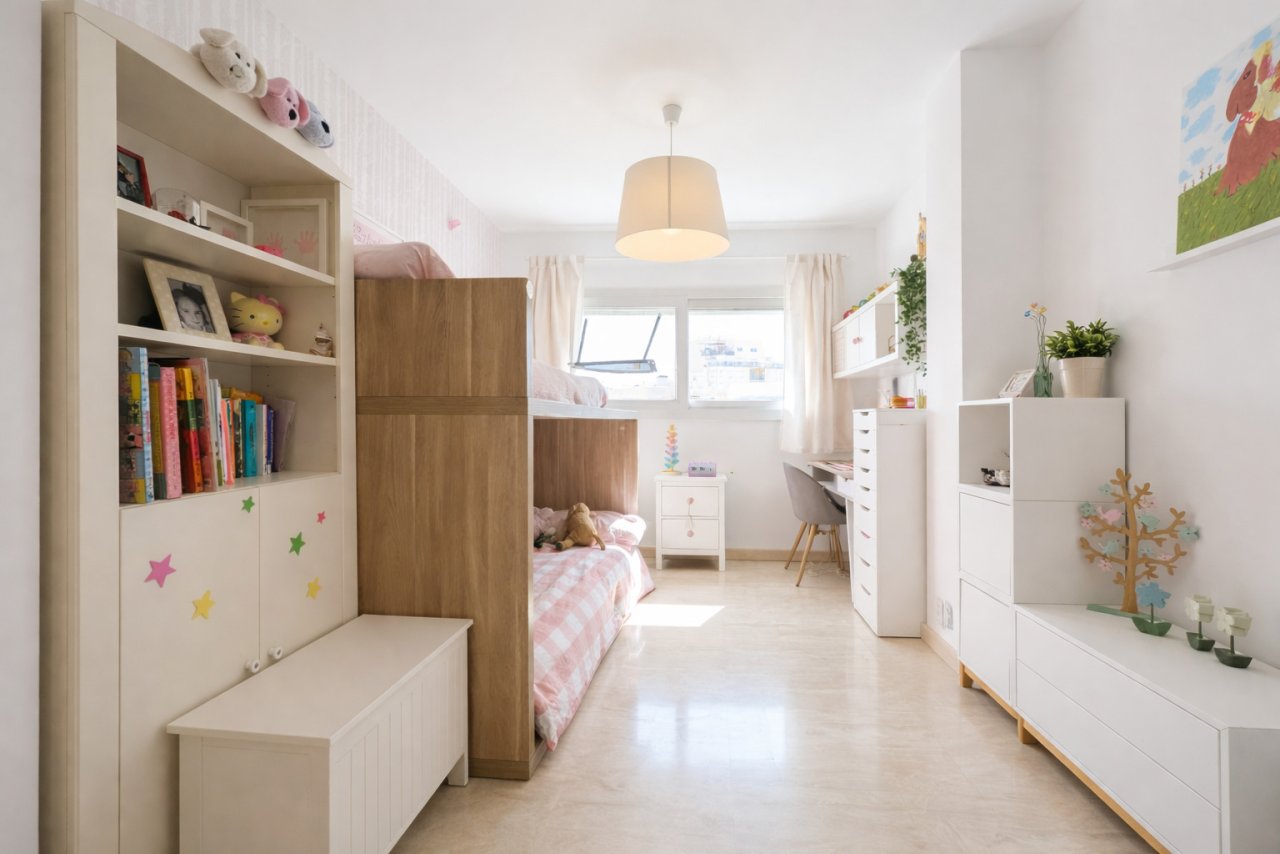 Habitación infantil con uso inteligente del espacio y soluciones de almacenamiento variadas