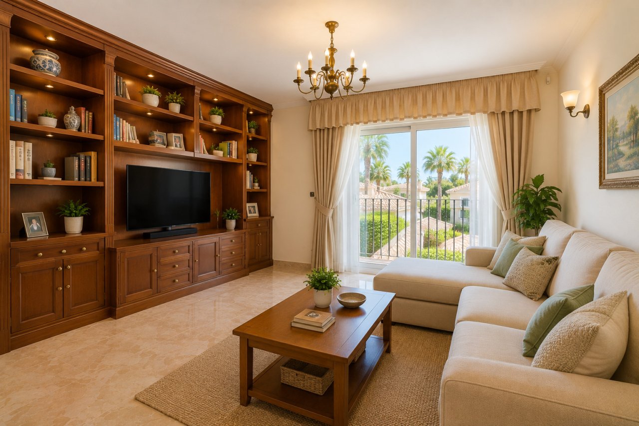 Salón elegante con armarios empotrados hechos a medida y acceso a balcón al exterior Salón elegante con armarios empotrados hechos a medida y acceso a balcón al exterior