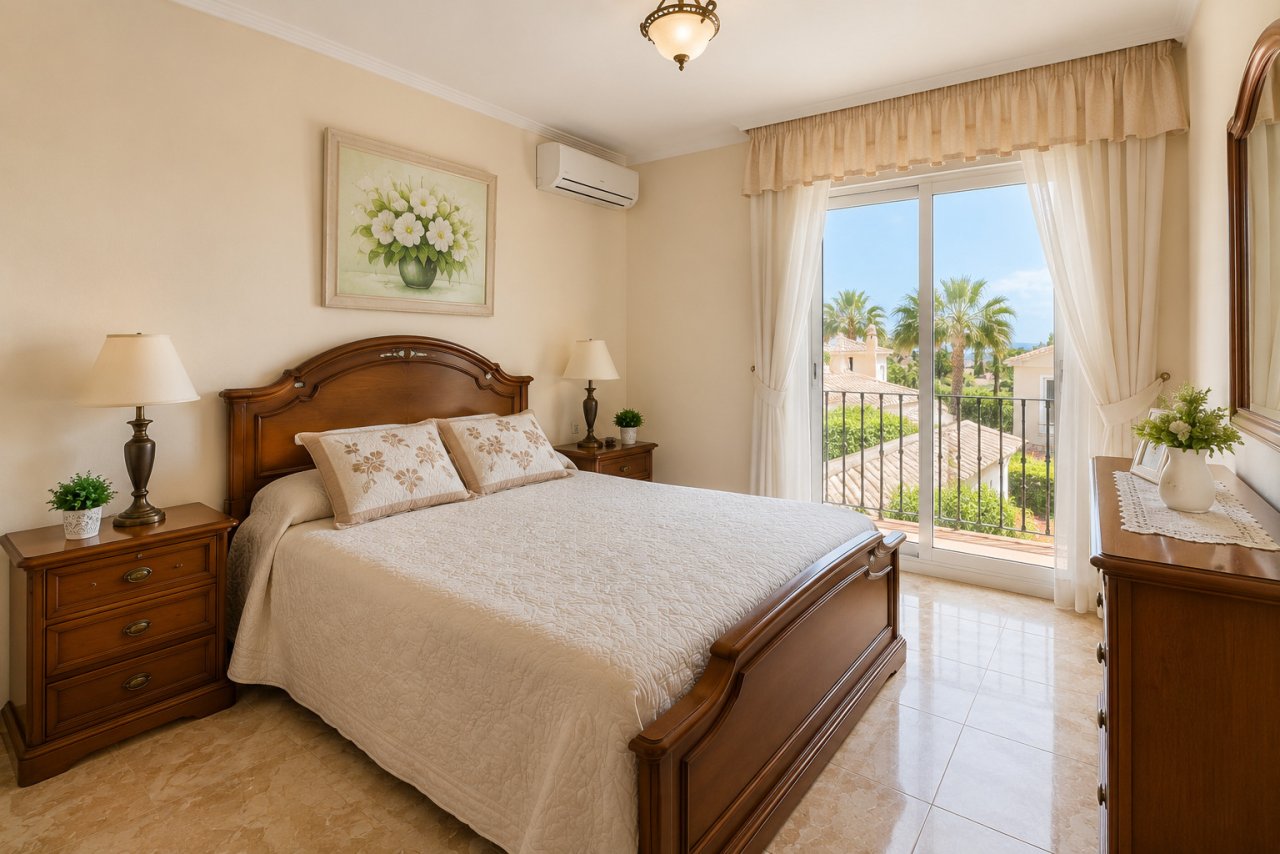 Dormitorio brillante con puertas francesas y acceso al balcón al exterior Dormitorio brillante con puertas francesas y acceso al balcón al exterior