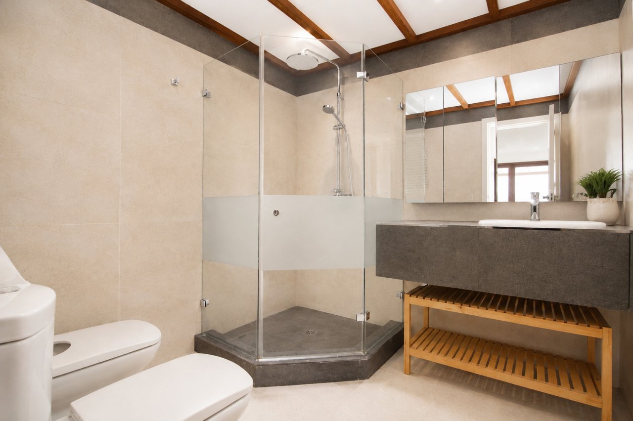 Baño moderno con ducha a nivel del suelo, doble lavabo y armario con espejo bajo vigas del techo