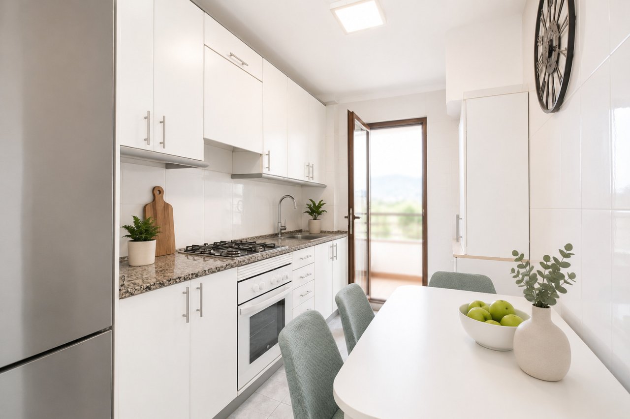 Cocina moderna con encimera de granito, estufa de gas y acceso directo al exterior Cocina moderna con encimera de granito, estufa de gas y acceso directo al exterior