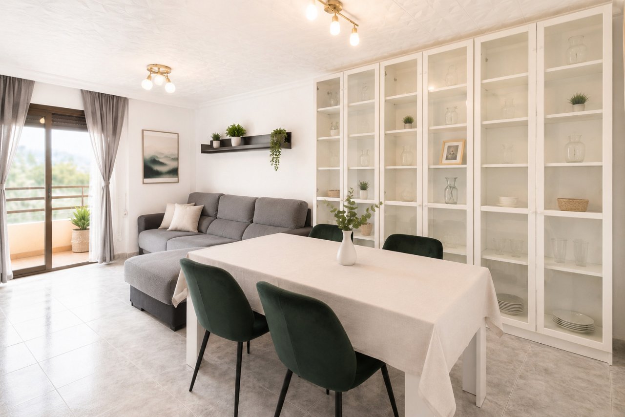 Sala de estar y comedor con vitrinas de vidrio de piso a techo y distribución inteligente de funciones Sala de estar y comedor con vitrinas de vidrio de piso a techo y distribución inteligente de funciones