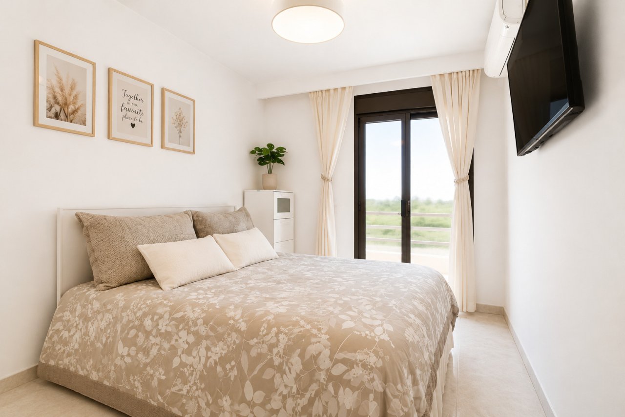 Dormitorio con puertas francesas de cristal y ventana panorámica al balcón Dormitorio con puertas francesas de cristal y ventana panorámica al balcón