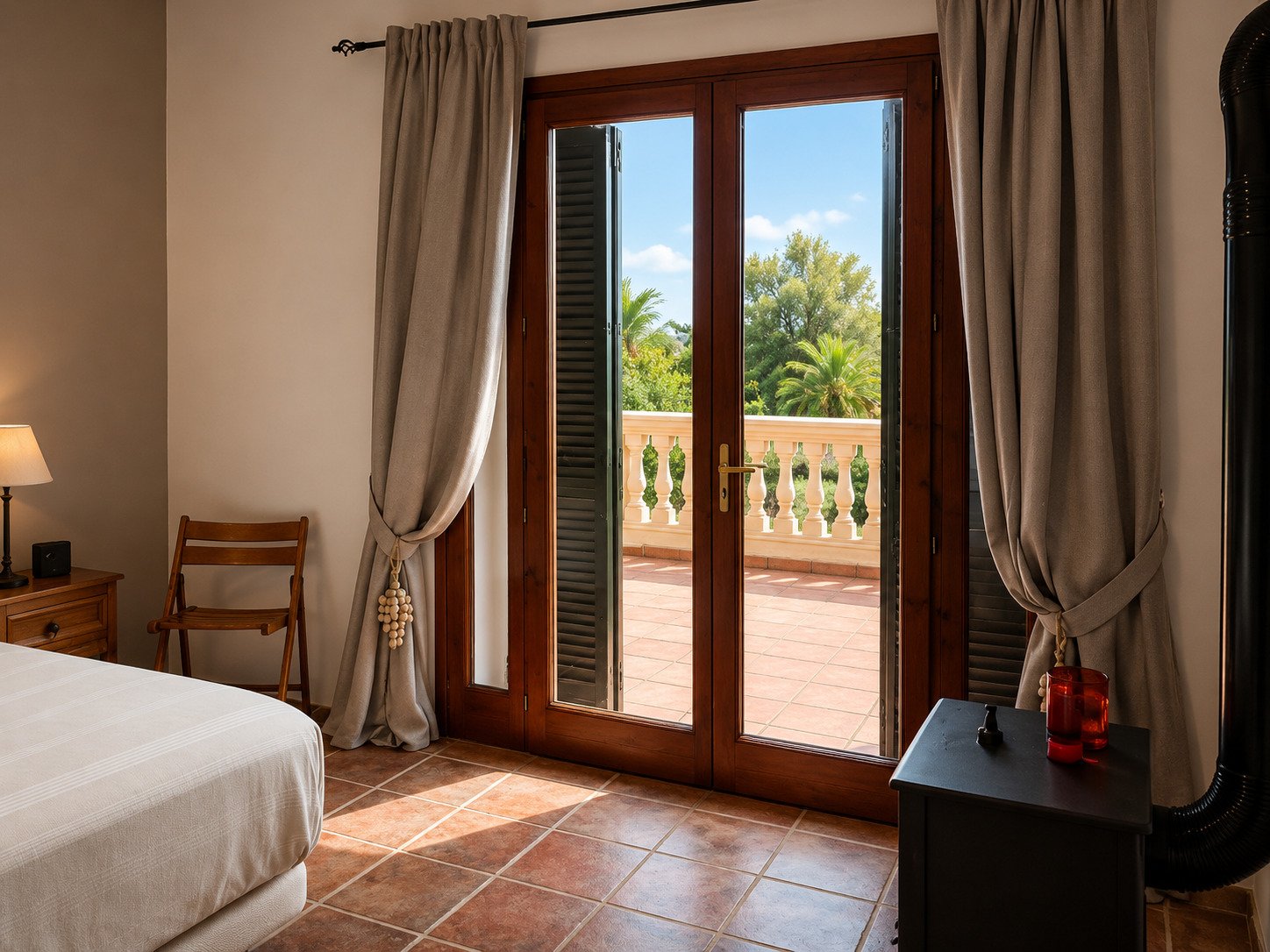 Dormitorio con acceso directo a la terraza y puertas correderas de madera de alta calidad