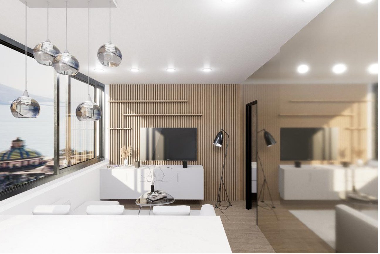 Sala de estar moderna con integración inteligente de medios y sistema de iluminación profesional Sala de estar moderna con integración inteligente de medios y sistema de iluminación profesional