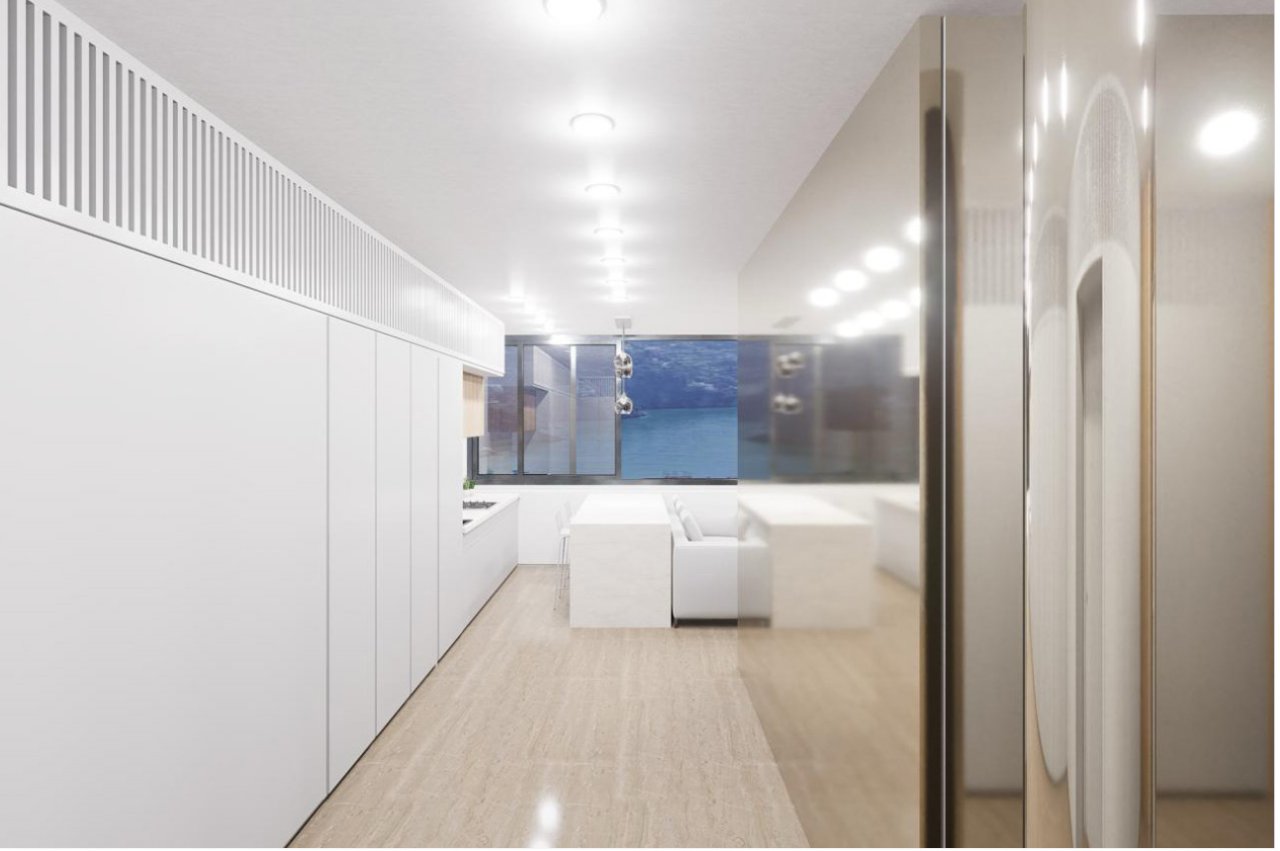 Elegante zona de pasillo con acristalamiento de piso a techo y almacenamiento bien pensado Elegante zona de pasillo con acristalamiento de piso a techo y almacenamiento bien pensado