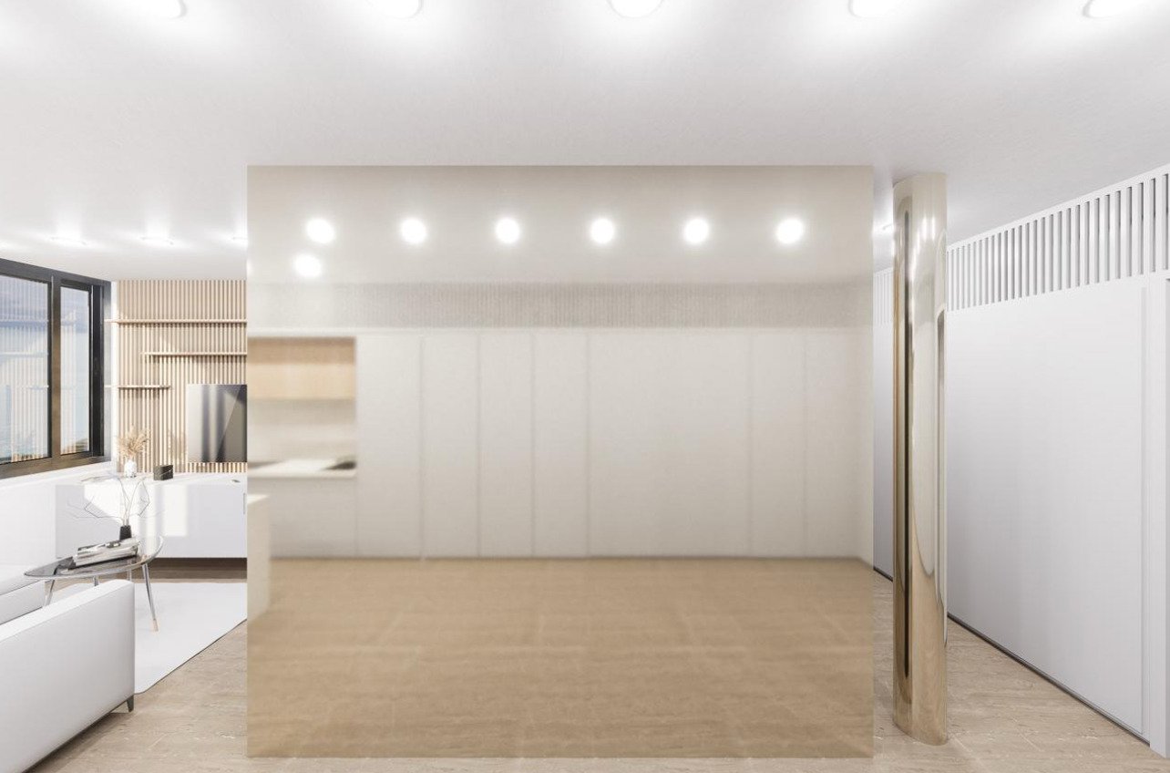 Espacio abierto de vivienda con iluminación profesional en el techo y concepto de espacio flexible Espacio abierto de vivienda con iluminación profesional en el techo y concepto de espacio flexible