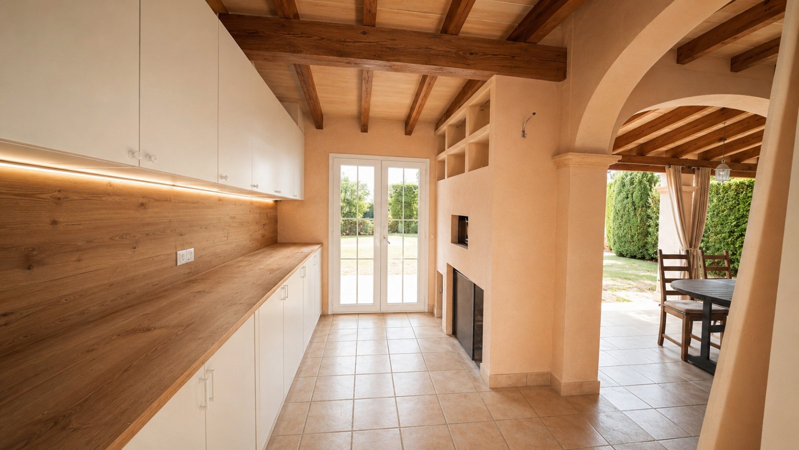 Cocina moderna de galera con despensa, encimera de longitud completa y acceso directo a la zona de estar