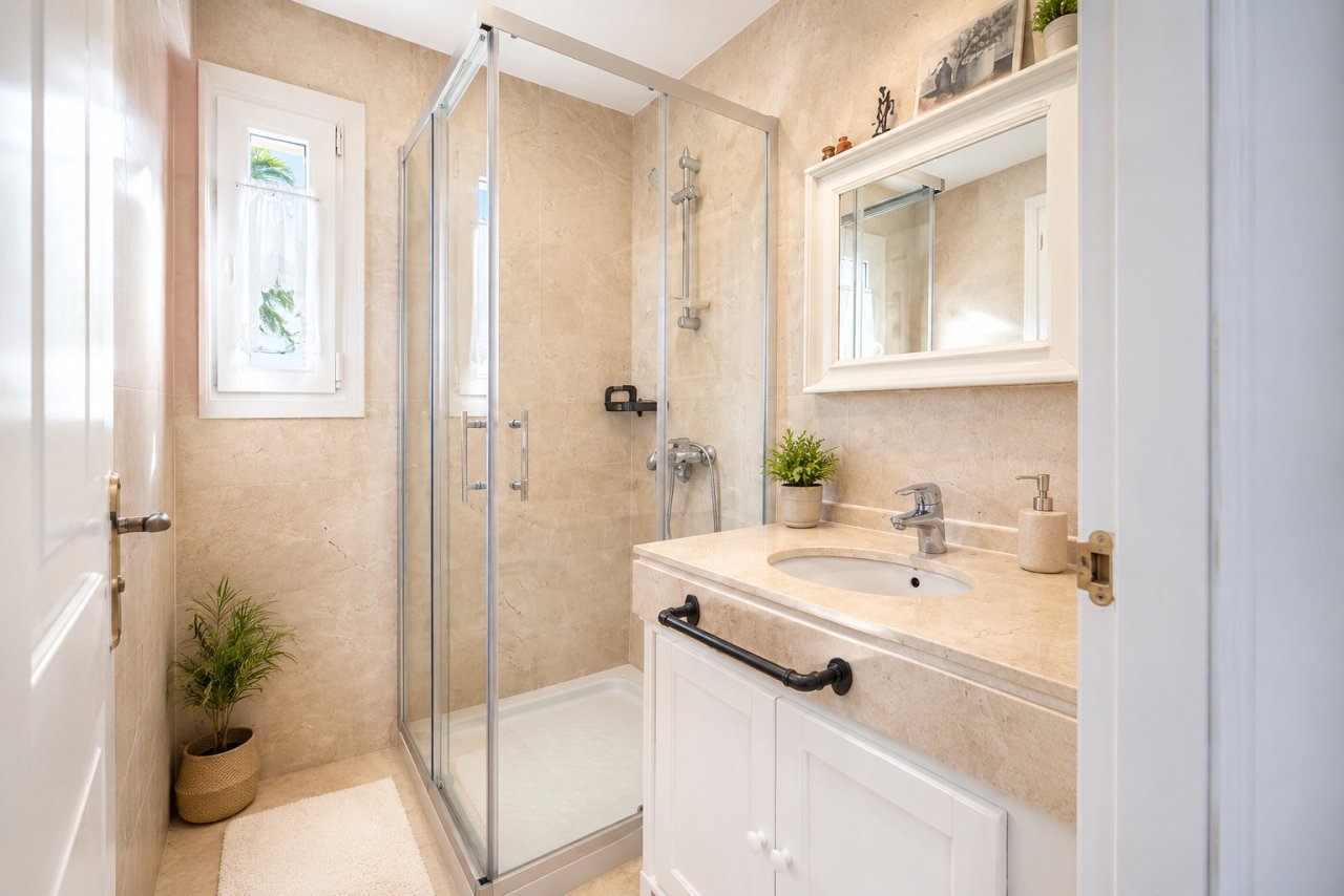 Baño moderno con ducha a nivel del suelo y acabado de mármol de alta calidad