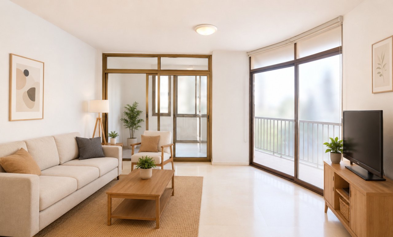 Salón luminoso con acceso directo a un balcón y grandes puertas correderas de cristal Salón luminoso con acceso directo a un balcón y grandes puertas correderas de cristal