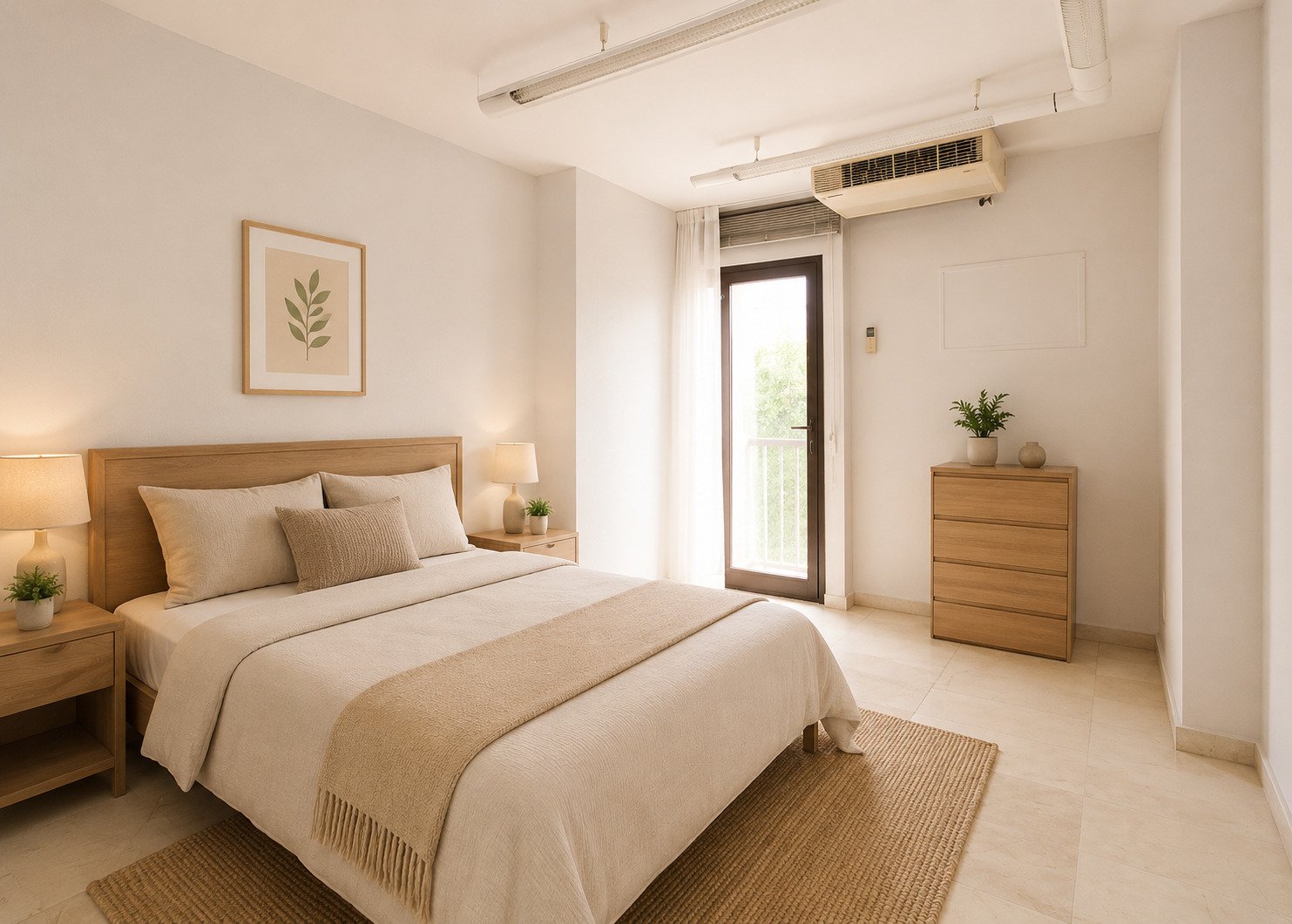 Dormitorio luminoso con acceso a balcón y aire acondicionado moderno Dormitorio luminoso con acceso a balcón y aire acondicionado moderno