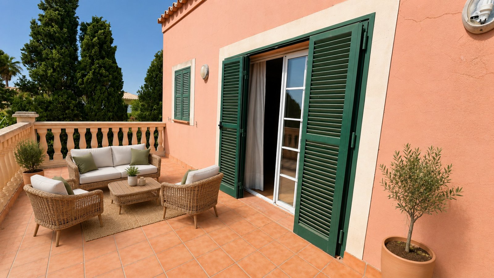 Terraza soleada con puertas francesas y elegante balaustrada Terraza soleada con puertas francesas y elegante balaustrada