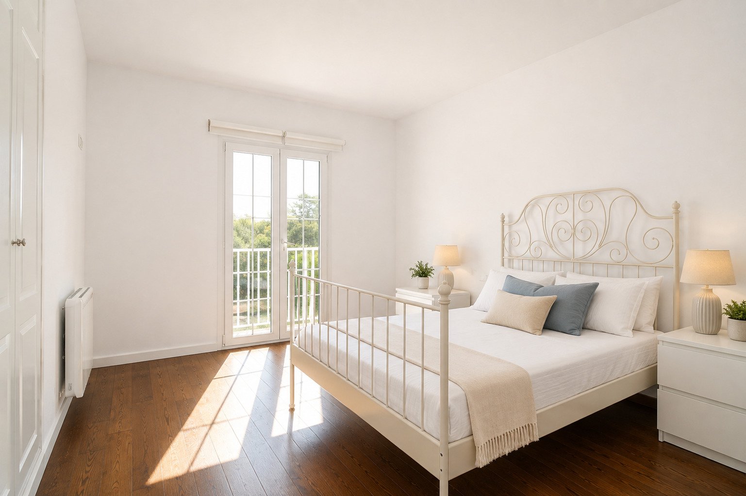 Dormitorio luminoso con puertas francesas de vidrio y acceso al balcón Dormitorio luminoso con puertas francesas de vidrio y acceso al balcón