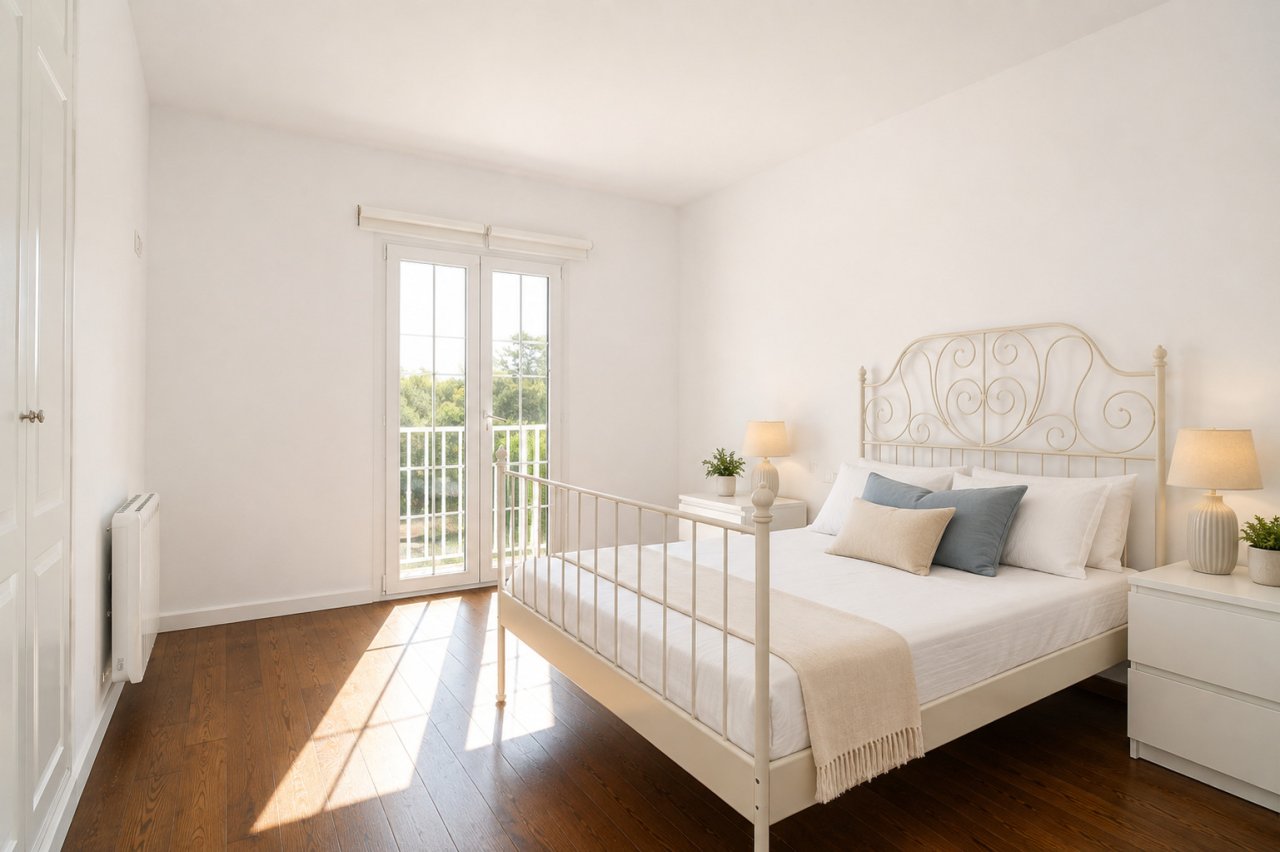 Dormitorio luminoso con puertas francesas de vidrio y acceso al balcón Dormitorio luminoso con puertas francesas de vidrio y acceso al balcón