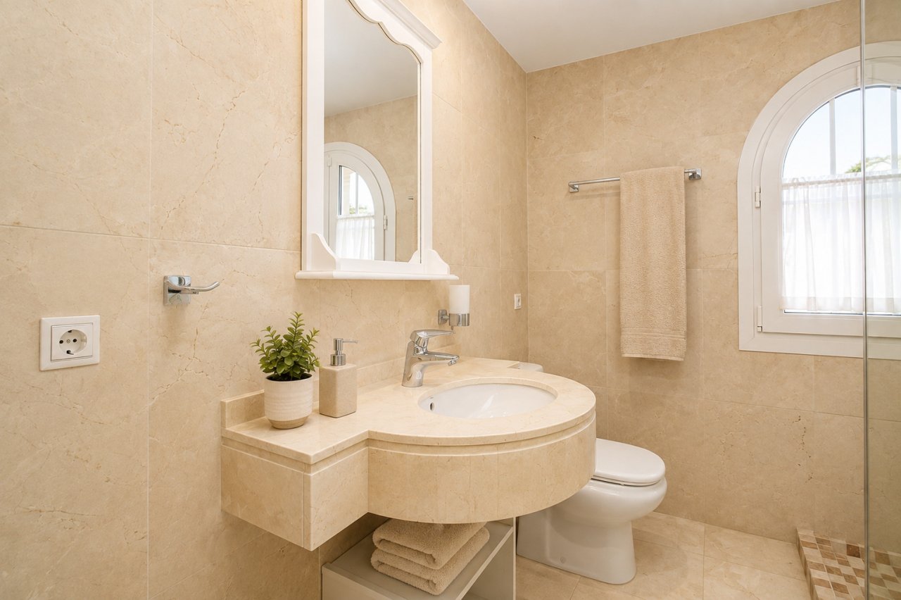 Baño elegante con revestimiento de paredes de mármol y ducha a ras de suelo con puerta de cristal Baño elegante con revestimiento de paredes de mármol y ducha a ras de suelo con puerta de cristal