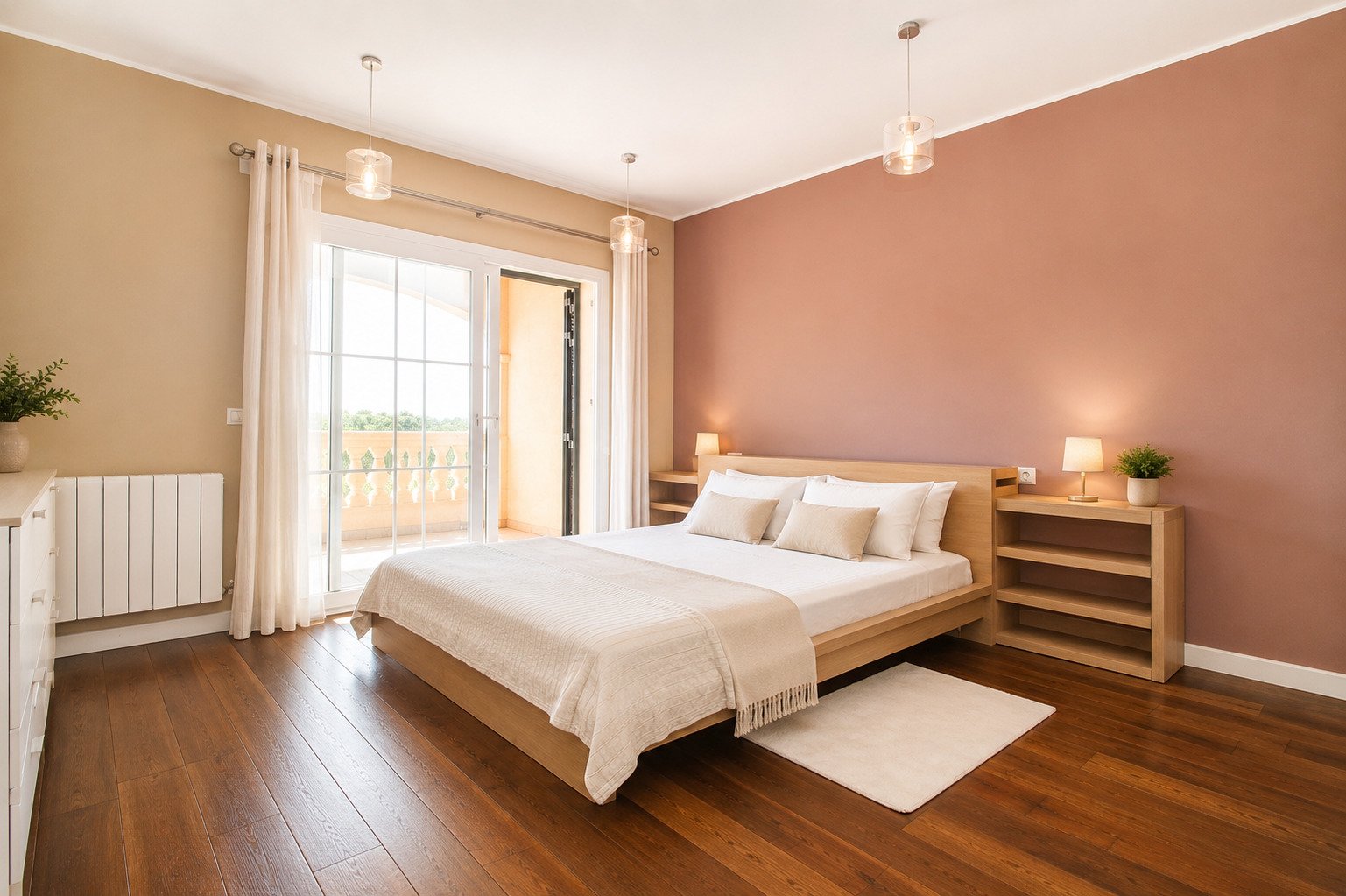 Dormitorio principal con acceso a balcón, calefacción por suelo radiante y elegante iluminación con lámparas colgantes Dormitorio principal con acceso a balcón, calefacción por suelo radiante y elegante iluminación con lámparas colgantes