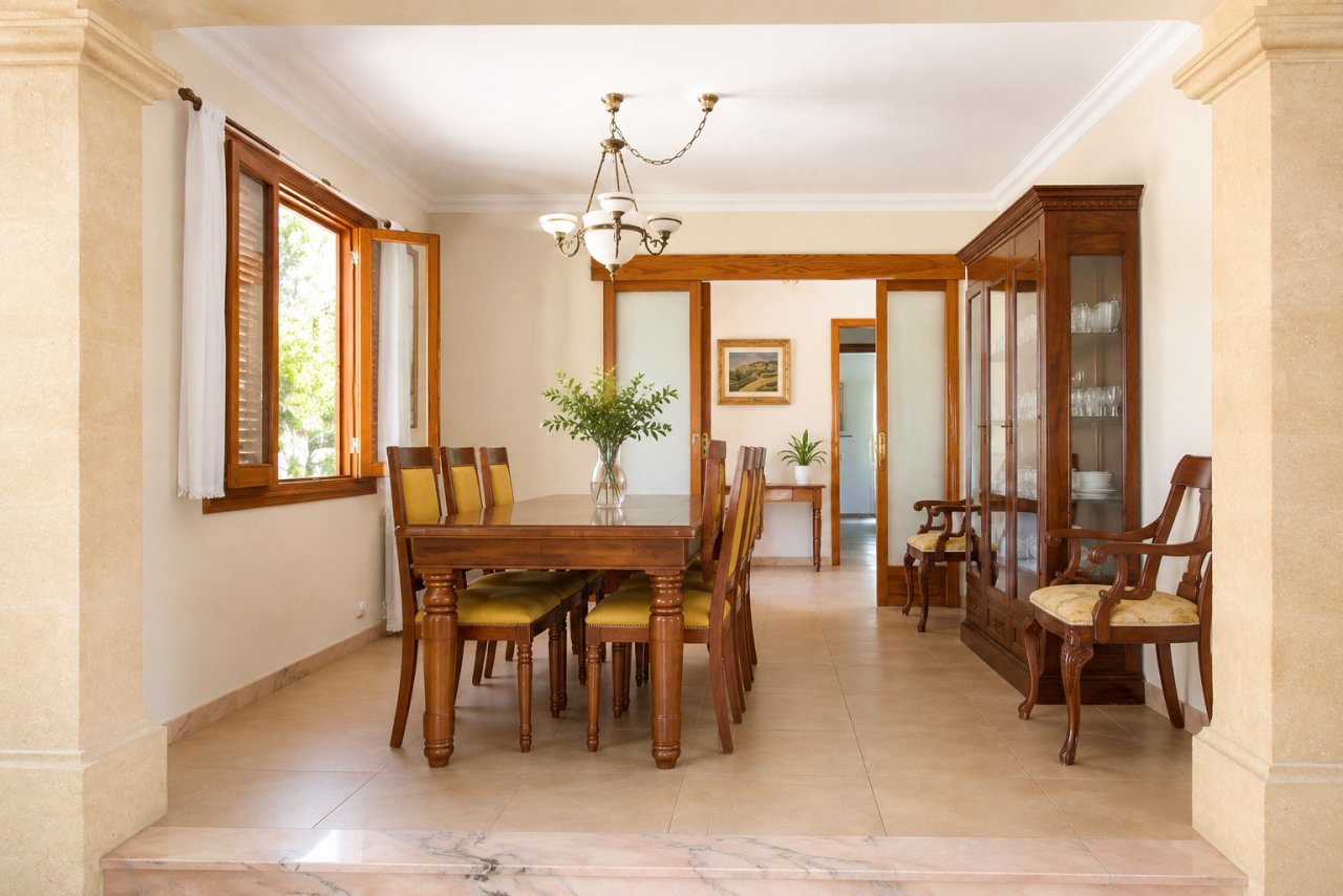 Elegante comedor con marcos de madera y equipamiento de alta calidad Elegante comedor con marcos de madera y equipamiento de alta calidad