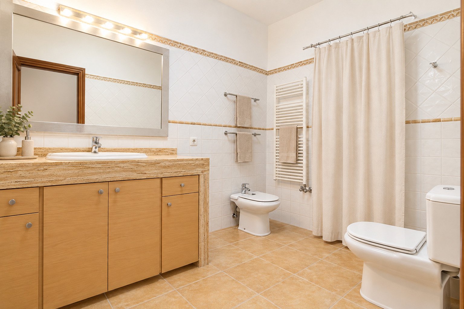 Baño luminoso con distribución funcional y mobiliario de alta calidad Baño luminoso con distribución funcional y mobiliario de alta calidad
