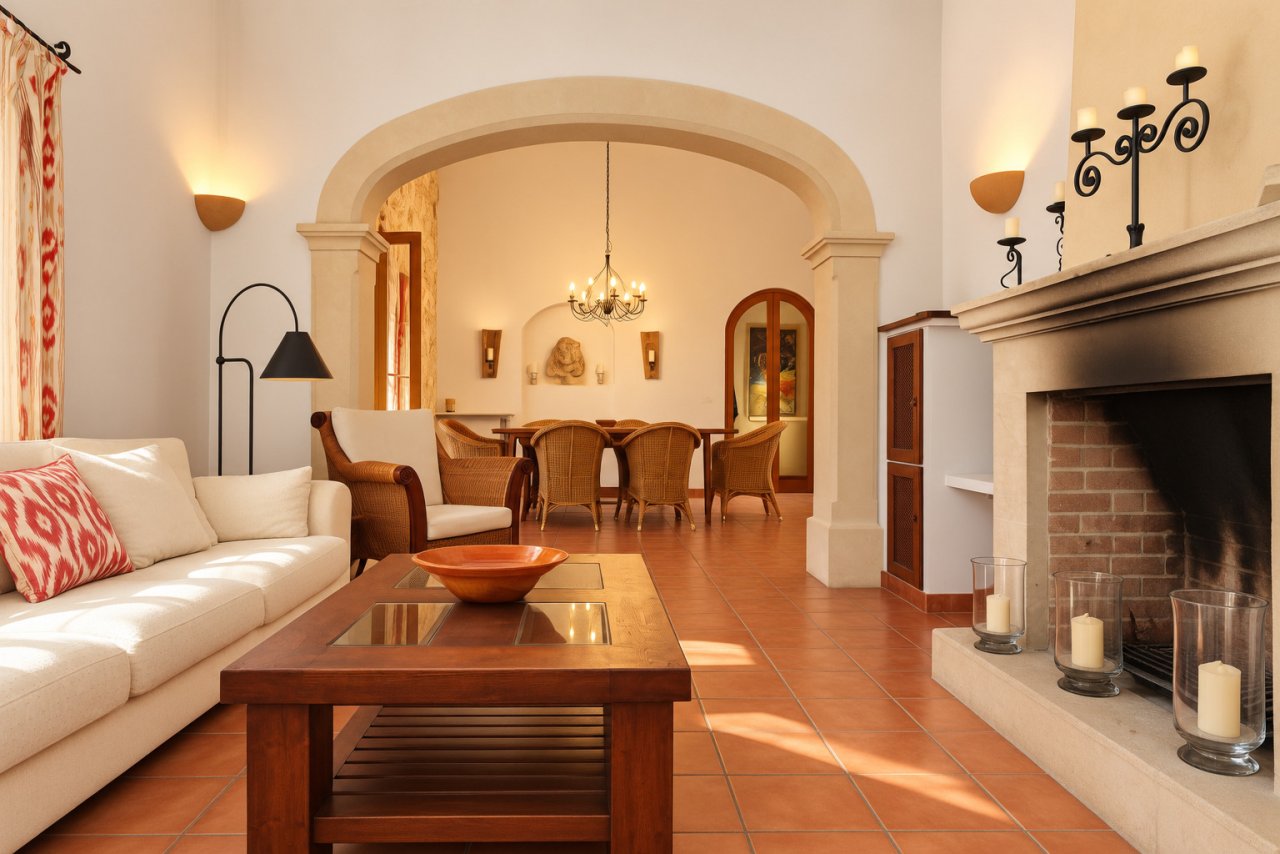 Salón elegante con arco redondo con carácter, chimenea y distribución de espacio abierta