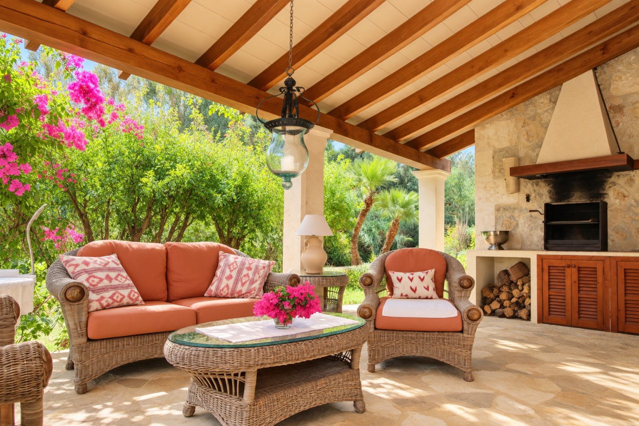 Lounge cubierta con techo de vigas de madera, chimenea y vista directa al jardín