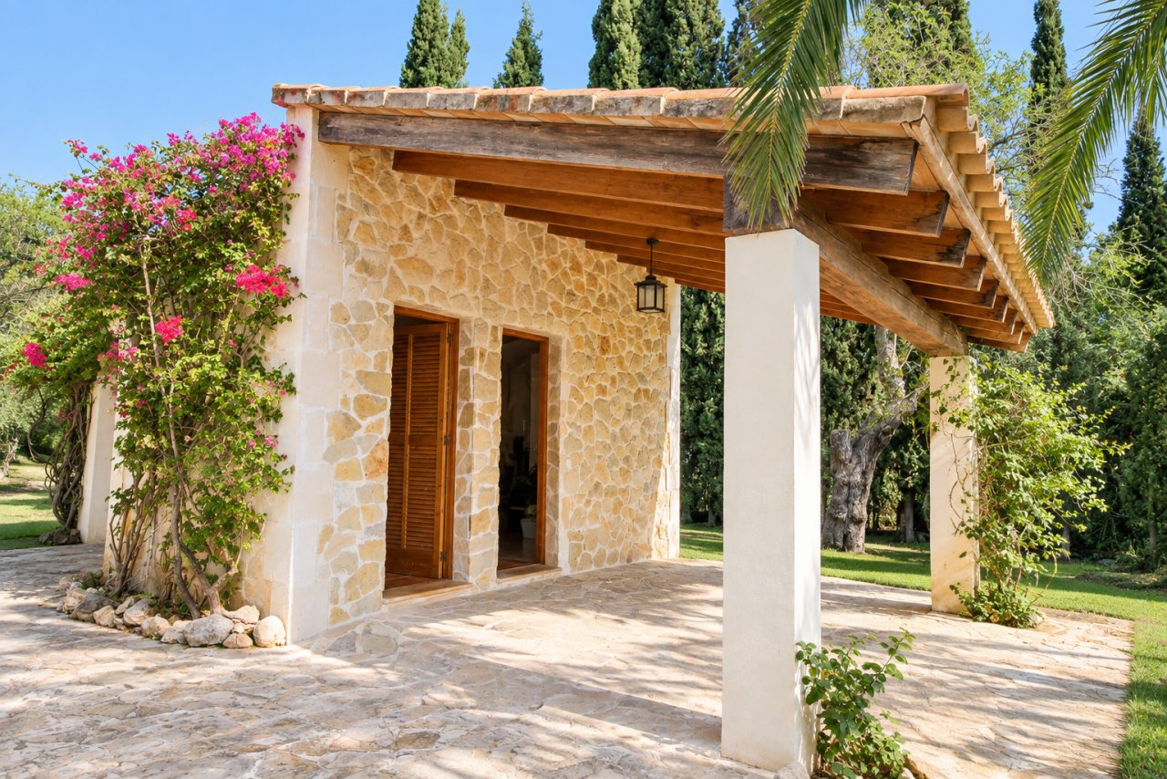 Entrada cubierta con vigas de madera maciza y aspecto rústico de piedra natural