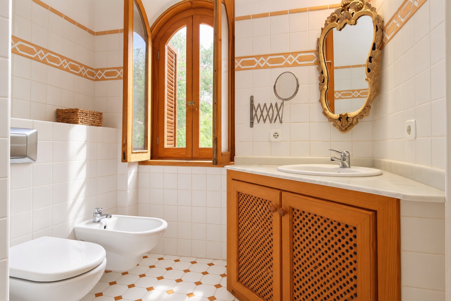 Baño con mobiliario de madera, bidé y luz natural a través de la ventana