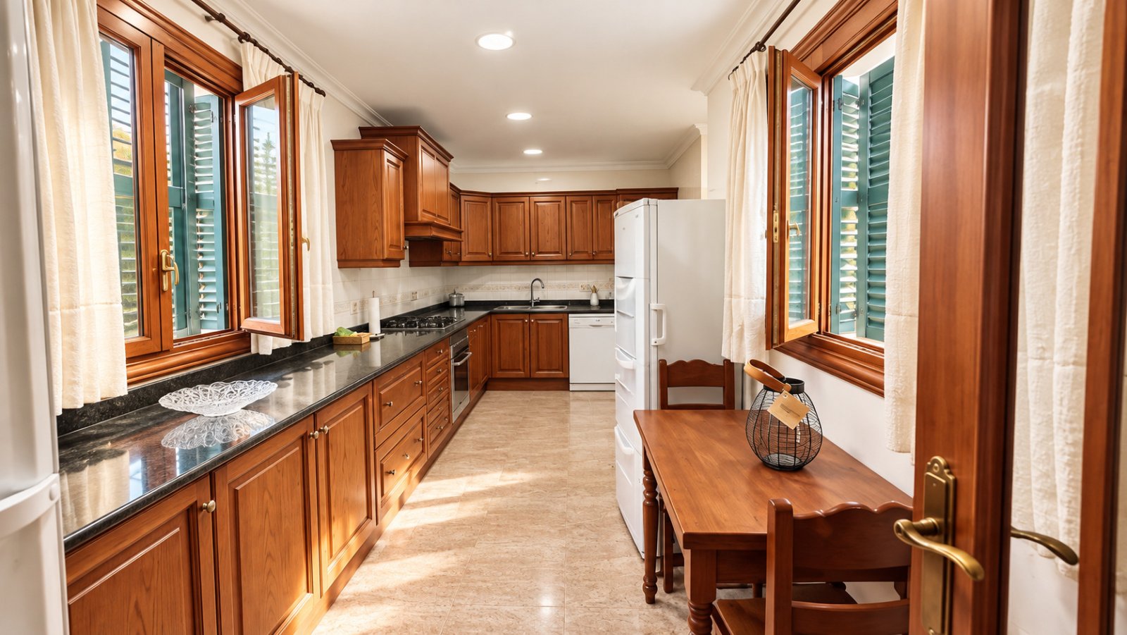 Cocina con amplia encimera, equipamiento de alta calidad y acceso al comedor