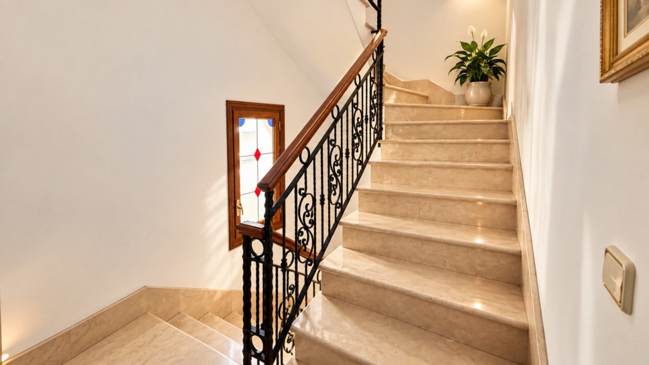 Elegante escalera con barandilla decorativa de hierro forjado y revestimiento de piedra natural