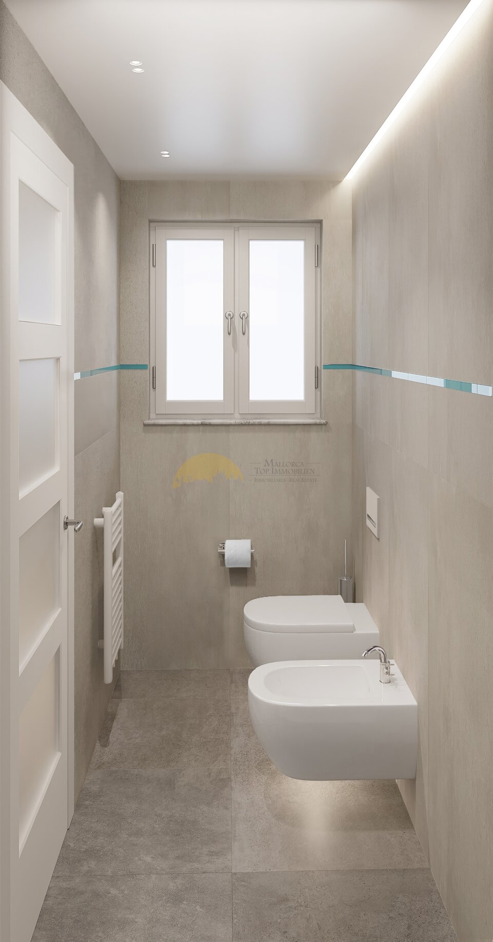 Aseo moderno para invitados con doble lavabo, iluminación natural y elegante decoración en las paredes Aseo moderno para invitados con doble lavabo, iluminación natural y elegante decoración en las paredes