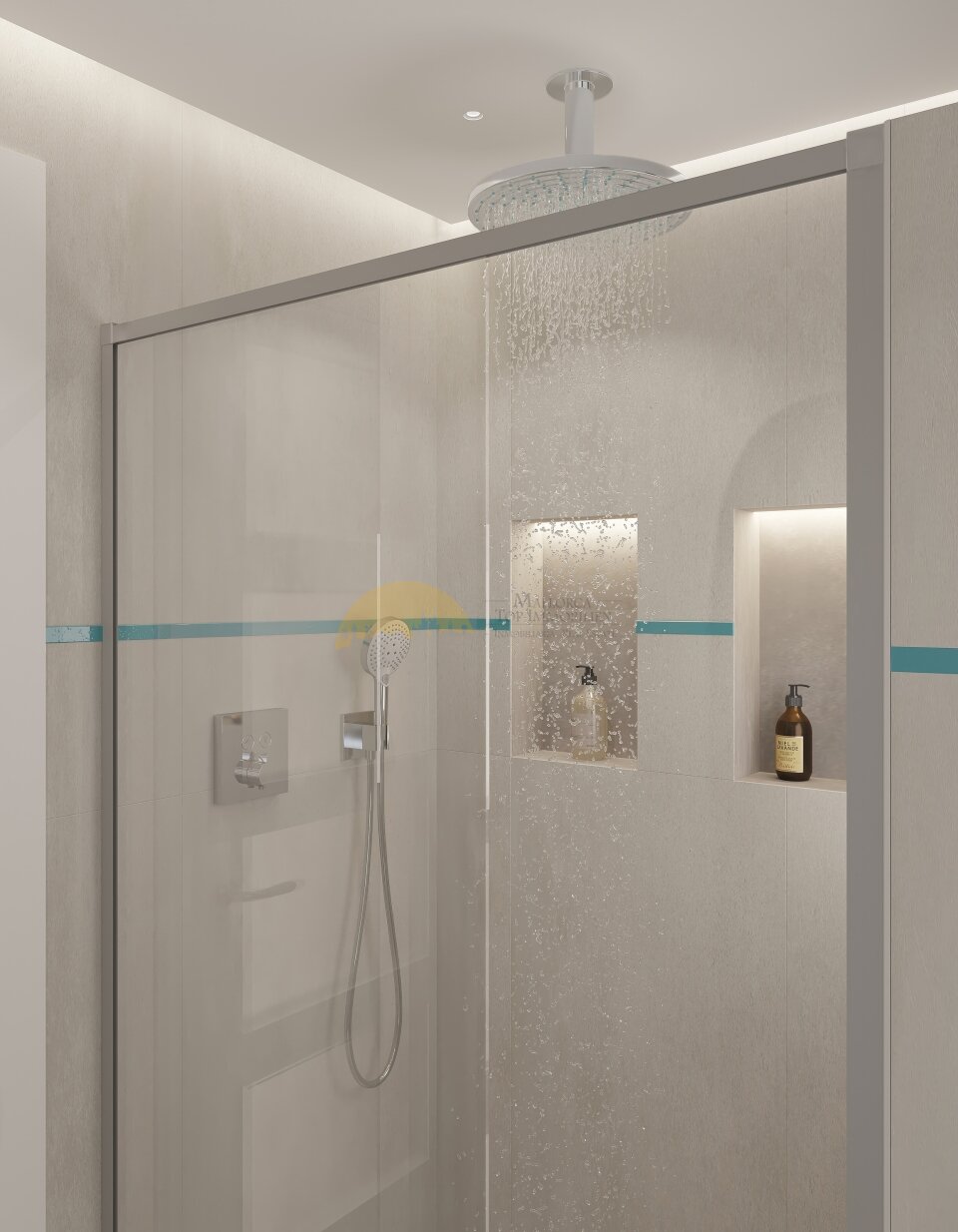Baño elegante con ducha a ras de suelo, ducha de lluvia en el techo y nichos prácticos Baño elegante con ducha a ras de suelo, ducha de lluvia en el techo y nichos prácticos