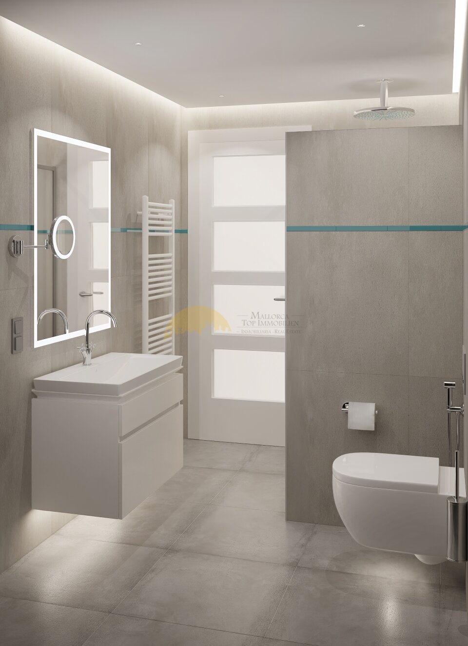 Baño moderno con ducha a ras, calentador de pared y elementos de espejo LED Baño moderno con ducha a ras, calentador de pared y elementos de espejo LED
